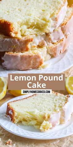 lemon pound cake on a white plate with sliced lemons in the background and text overlay