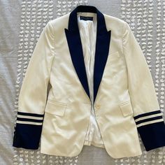 New Equipment Blazer Size 4 Nautical Navy Cream White Ivory Nwt. Originally $468. White Fitted Preppy Outerwear, Preppy White Fitted Outerwear, Preppy White Outerwear For Spring, Off White Blazer, Shawl Collar Blazer, Windowpane Plaid, Satin Blazer, Tuxedo Style, Navy Blue Blazer