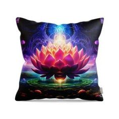 a decorative pillow with a colorful flower on the front and back side, featuring an image of a lotus