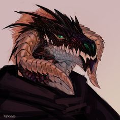 a drawing of a dragon with green eyes and sharp fangs on it's head