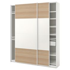 an open closet with two doors and shelves on each side, in front of a white background