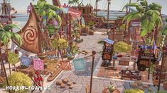 an artist's rendering of a pirate themed town with lots of palm trees and other items