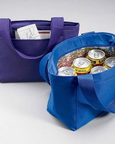 a blue bag filled with beer cans next to a purple bag full of sodas