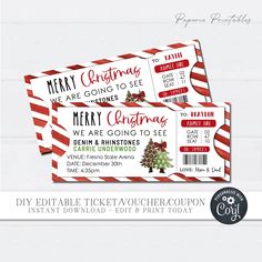 two red and white striped christmas ticket cards