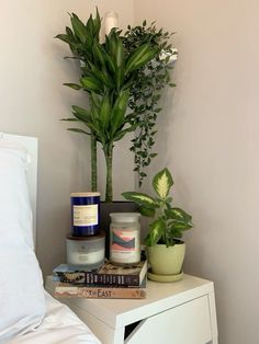 a white nightstand topped with two candles and a potted plant