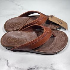 Olukai Hiapo Rum Dark Wood Leather Thong Sandals Nwt Msrp $130 Mens Size: 7 M Brand New Never Worn With Tags Accepting Offers Brown Flip Flops With Ortholite Insole, Mens Leather Flip Flops, Brown Leather Flip Flops, Black Flip Flops, Mens Leather Sandals, Closed Toe Sandals, Rubber Sandals, Leather Thong Sandals, Leather Flip Flops