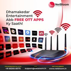 the advertisement for an internet network is shown in red and black colors with wifi icons surrounding it