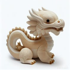 a wooden dragon figurine sitting on top of a white surface