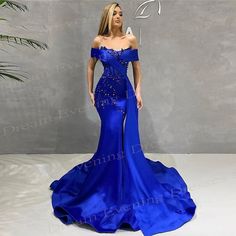 Popular Royal Blue Women's Mermaid Modest Evening Dresses Fashionable Off The Shoulder Beaded Prom Modest Evening Dresses, Modest Evening Dress, Formal Occasion, Royal Blue, Off The Shoulder, Evening Dresses, Mermaid, Prom, Dresses