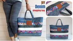 a woman is holding a large bag made out of denims and fabric, with the words diy denim shopping bag on it