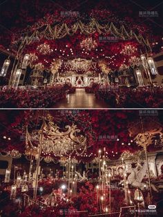 an elaborately decorated stage with red flowers and chandeliers