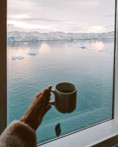 a person is holding a coffee cup in front of a window with icebergs on the water