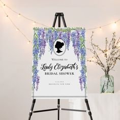 an easel with a sign that says, welcome to lady corsah's bridal shower