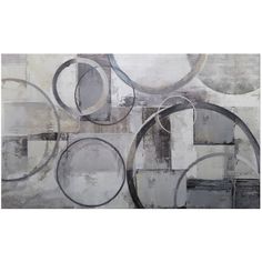 an abstract painting with circles and squares in grey, white and gray colors on a wall