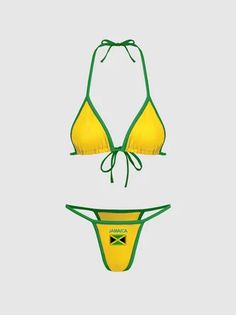 Yellow T-back Swimwear For Beach Season, Yellow T-back Swimwear For Summer, Neon Yellow Triangle Top Swimwear For Vacation, Neon Yellow Beachwear Swimwear For Vacation, Jamaica Jersey, Jamaica Colors, Block Style, Summer Colors, Two Piece Sets