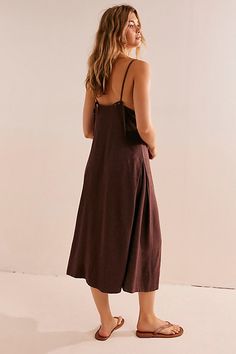 Effortless and beachy, this wear-everywhere midi from free-est will be your go-to from this season to the next. **Fit:** Swingy, trapeze silhouette **Features:** V-neckline, seamed bust detailing, tie shoulder straps, breezy linen blend **Why We ❤ It:** Sleek with strappy heels or off-duty with beachy sandals, this style has endless ways to wear. | Emmers Linen Midi Dress by free-est at Free People in Brown, Size: XS Trapeze Silhouette, Linen Midi Dress, Boho Clothing, Small Bust, Strappy Heels, Off Duty, Boho Outfits, Wardrobe Staples, Linen Blend