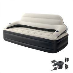 an inflatable bed with air pump attached to it