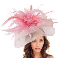 Coral Pink Candy Baby Feather Fascinator Hat Weddings Ladies Day Cocktail Bridal Garden High Tea  Party Ascot Kentucky Derby Oaks Church Velidhoo Fascinator - Baby Pink and Coral Fascinator Hat With Headband Gorgeous long baby pink and coral coque feathers on a layered baby pink sinamay base.  Base measures about 12-14 inches wide This coral baby pink fascinator is mounted with a matching headband. If you prefer a headband to match your hair, please make a note at check out what colour headband Summer Wedding Fascinator With Feathers, Feathered Hats For Summer Wedding, Summer Wedding Hats With Feathers, Summer Wedding Headpiece With Feathers, Feathered Church Hats For Summer, Feathered Summer Church Hats, Formal Summer Hats With Feathers, Summer Church Hats With Feathers, Spring Church Hats With Feathers