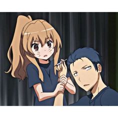 two anime characters one is brushing the other's hair while the other looks on