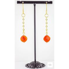 These Carnelian Dangle Earrings are a beautiful, bright and bold addition to any outfit. The vivid orange faceted square-shaped carnelian beads are complemented by gold-plated oval link chain and gold-plated ear wires. Add a pop of color and elegance to your wardrobe with these stunning Carnelian Dangle Earrings. The lustrous, square-shaped carnelian beads in vibrant orange are perfectly paired with gold-plated chain and ear wires, creating a look that is both bold and luxurious. With multiple l Orange Faceted Beads Dangle Earrings, Adjustable Carnelian Dangle Earrings, Handmade Carnelian Orange Earrings, Nickel Free Carnelian Orange Earrings, Elegant Orange Carnelian Earrings, Handmade Orange Carnelian Earrings, Elegant Orange Earrings With Dangling Beads, Orange Carnelian Dangle Earrings, Orange Carnelian Earrings For Gift