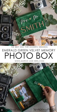 the emerald green velvet memory photo box is surrounded by flowers and other personalized items