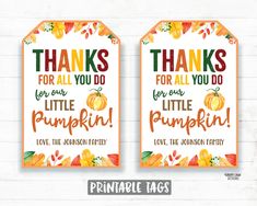 two tags with the words thanks for all you do and pumpkins