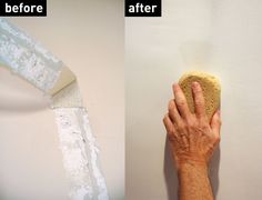 two images side by side one shows a hand holding a sponge and the other shows how to remove wallpaper