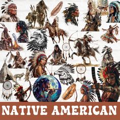 native american images are shown in this graphic art work, with the words native american above them