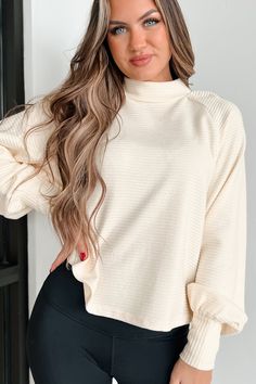 50% RAYON, 40% NYLON, 10% SPANDEX Model Wearing Size Small Color: Cream Ribbed/Textured Material Mock Neck Drop Shoulder Long Sleeve Loose/Slightly Oversized Fit Top Has Stretch 20” Armpit To Sleeve End 11.5” Armpit To Hemline For Model Size Specs Please Check Size Charts Launched: 12/17/23 Beige Relaxed Fit Top For Brunch, Cream Relaxed Fit Top For Brunch, Cozy Stretch Tops For Spring, Cream Stretch Tops For Loungewear, Casual Off White Stretch Top, Casual Off-white Stretch Top, Off White Stretch Casual Top, Off White Relaxed Fit Tops For Fall, Cream Crew Neck Blouse For Fall