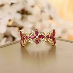 Womens Wedding Ring 925 Silver Gold Finish 2Ct Marquise Cut Simulated Ruby Womens Bright Scrolled Ring With Band, Marquise Ruby Wedding Rings, Gild Rings For Women, Beautiful Wedding Rings Ruby, Rudy Wedding Rings, Ring Women Wedding, Gem Engagement Rings, Diamond Accent Ring, Vintage Wedding Band