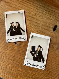 two polaroids with graduation pictures on them sitting on a table next to each other