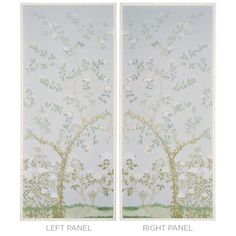 two panels with trees and flowers painted on them