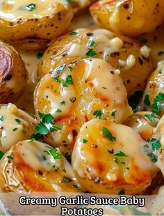 Creamy Garlic Sauce Baby Potatoes | Dill Scalloped Potatoes, Dishes Served With Rice, What To Make With Yellow Potatoes, Creamy Garlic Potatoes In Oven, White Sauce For Potatoes, Potatos Al Grotten Recipe, Sides For Sunday Dinner, Garlic Cream Potatoes, Delicious Side Dishes For Dinner