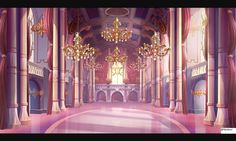 an empty hall with chandeliers and pink carpeted flooring is shown in this image