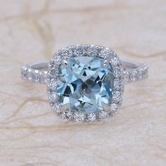 Aquamarine White Gold Diamond Halo Engagement Ring 14k Center is a 8x8 Cushion Natural Aquamarine Aquamarine Wedding, White Gold Diamond Engagement Ring, Diamond Halo Engagement Ring, Aquamarine Engagement Ring, Winter Weddings, Dream Engagement, Dope Jewelry, Beautiful Engagement Rings, Initial Bracelet