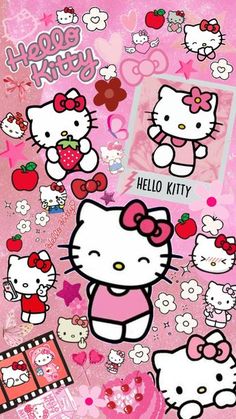 the hello kitty wallpaper is pink and has many different pictures on it, including an apple