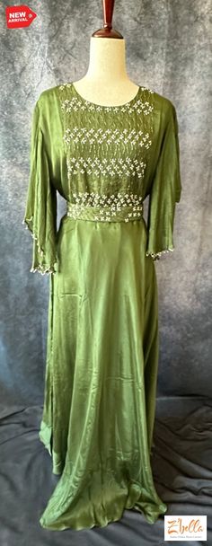 Olive Green Gown With Sleeve Pattern And Belt Gown Olive Green Gown, Green Gown, Sleeve Pattern, Gowns With Sleeves, Sleeves Pattern, Olive Green, Couture, Green, Pattern