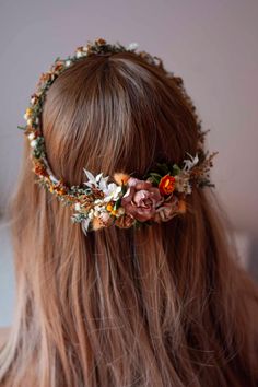 Embrace the beauty of fall with our Autumn-Inspired Dried & Preserved Flower Bridal Hair Crown, designed for brides who want a unique, elegant touch for their wedding day. This stunning hairpiece features a mix of dried and preserved flowers in rich autumn tones such as burnt orange, deep burgundy, soft yellows, and earthy greens. Each flower is carefully selected and hand-arranged to create a timeless, bohemian look that complements any bridal style, from rustic to vintage. The lightweight desi Autumn Wedding Hair, Wedding Flower Crowns, Autumn Wedding Flower Crown, Fall Floral Headpiece, Fall Flower Crown Wedding Floral Headpiece, Autumn Hair Piece, Fall Crown, Autumn Flower Hair Comb, Fall Wedding Hairstyles