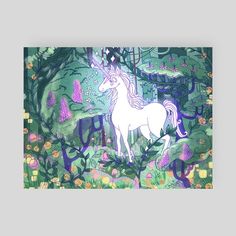 a drawing of a unicorn standing in the middle of a forest with trees and flowers