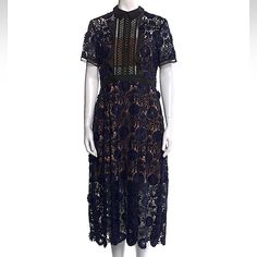 Nwot Self-Portrait Lace Midi Dress Size 10 Midnight Blue Lace Pattern A-Line Dress Short Sleeve With Mock Neck Exposed Zip Closure At Back Waist: 31.25" Length: 48" Bust: 33.75" Hip: 40.25" Clothing Size: L/ Us 10 Final Sale Navy Short Sleeve Midi Dress For Party, Navy Midi Length Evening Dress, Blue Midi Lace Dress For Formal Occasions, Blue Midi Length Lace Dress For Formal Occasions, Blue Formal Midi Lace Dress, Blue Midi Lace Dress For Evening, Blue Midi Length Lace Dress For Evening, Blue Midi Length Lace Evening Dress, Blue Lace Midi Dress For Evening