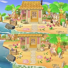 the beach is decorated with pink flowers and palm trees, along with a small house