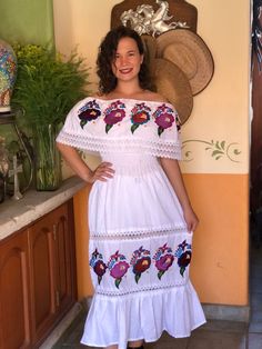 Beautiful traditional Mexican peasant dress, embroidered with bright colors of silk thread. Dress with spring at the waist and lace details to show off on any occasion. The embroidery of each dress is unique, so the colors may vary. Mexican textile art has centuries of history and creativity throughout the country. Mexico is recognized as one of the leading countries with a beautiful artistic production in the textile world, miraculous hands of talented artisans from different states of the coun Traditional Summer Dresses With Intricate Embroidery, Peasant Style Embroidered Dress For Festival, Peasant-style Embroidered Dress For Festival, Folk Style Dress With Multicolor Embroidery, Bohemian Maxi Dress For Traditional Ceremonies, Peasant Style Multicolor Embroidered Festival Dress, Spring Peasant Dress With Intricate Embroidery, Folk Style Dresses With Intricate Multicolor Embroidery, Spring Maxi Dress For Traditional Ceremonies