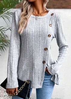 #longsleeve #button #roundneck #stylish #party #grey #blouse #stylishblouse #casual #tunic Long Sleeve Tops Casual, Women T Shirts, Plus Size Casual, Top Casual, Free Clothes, Plus Size Tops, Casual T Shirts, Ladies Tops Fashion, Plus Clothing