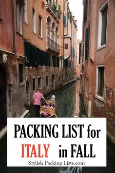 a person on a boat in a canal with buildings and green shutters behind the text packing list for italy in fall