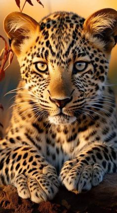 a close up of a small leopard on a tree branch with leaves in the background