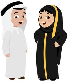 two people dressed in traditional arabic clothing, one is smiling and the other is standing next to him