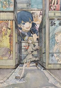 an anime scene with two people walking down the street in front of posters on the wall