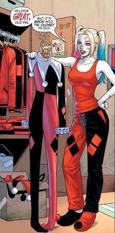 a comic character is standing next to a woman in an orange and black outfit with her hands on her hips