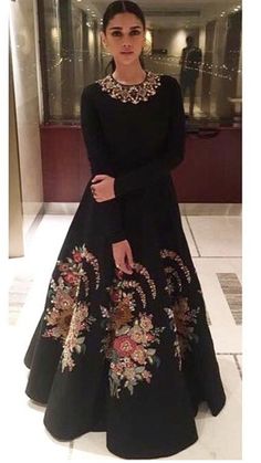 This Black color floor length gown is featured in the dupion silk with hand embroidered gold color embroidery on the panels.Can be customised in any color of your choice. Salwar Kamiz, Red Lehenga, Winter Dress Outfits, Indian Gowns Dresses, Wedding Clothes, Indian Bridal Fashion, Long Frocks, Indian Gowns, Dress Indian Style