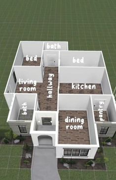 an aerial view of a four bedroom, two bathroom house with attached living and dining rooms